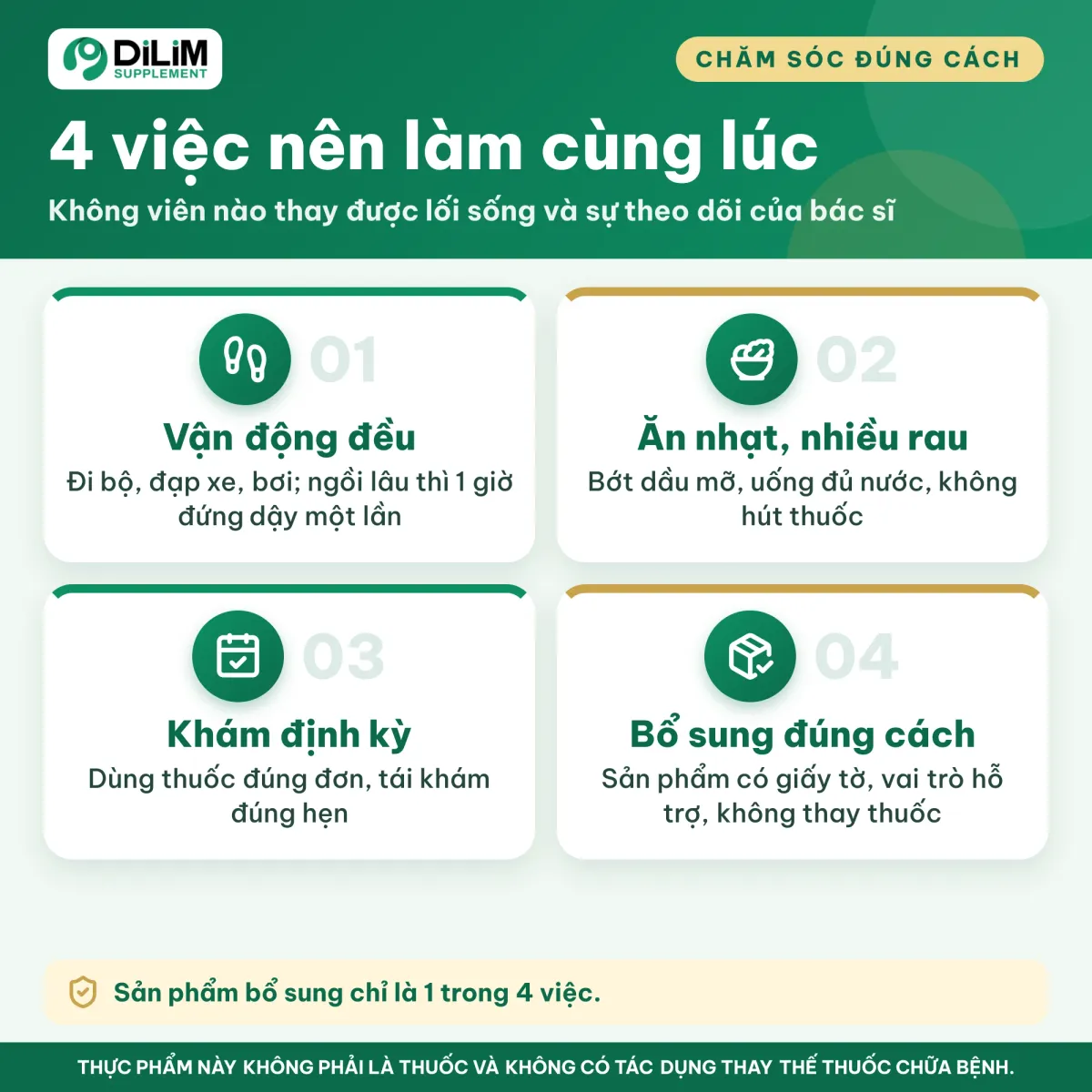 4 việc chăm sóc sức khỏe nên làm cùng lúc: vận động, ăn uống, khám định kỳ, bổ sung đúng cách