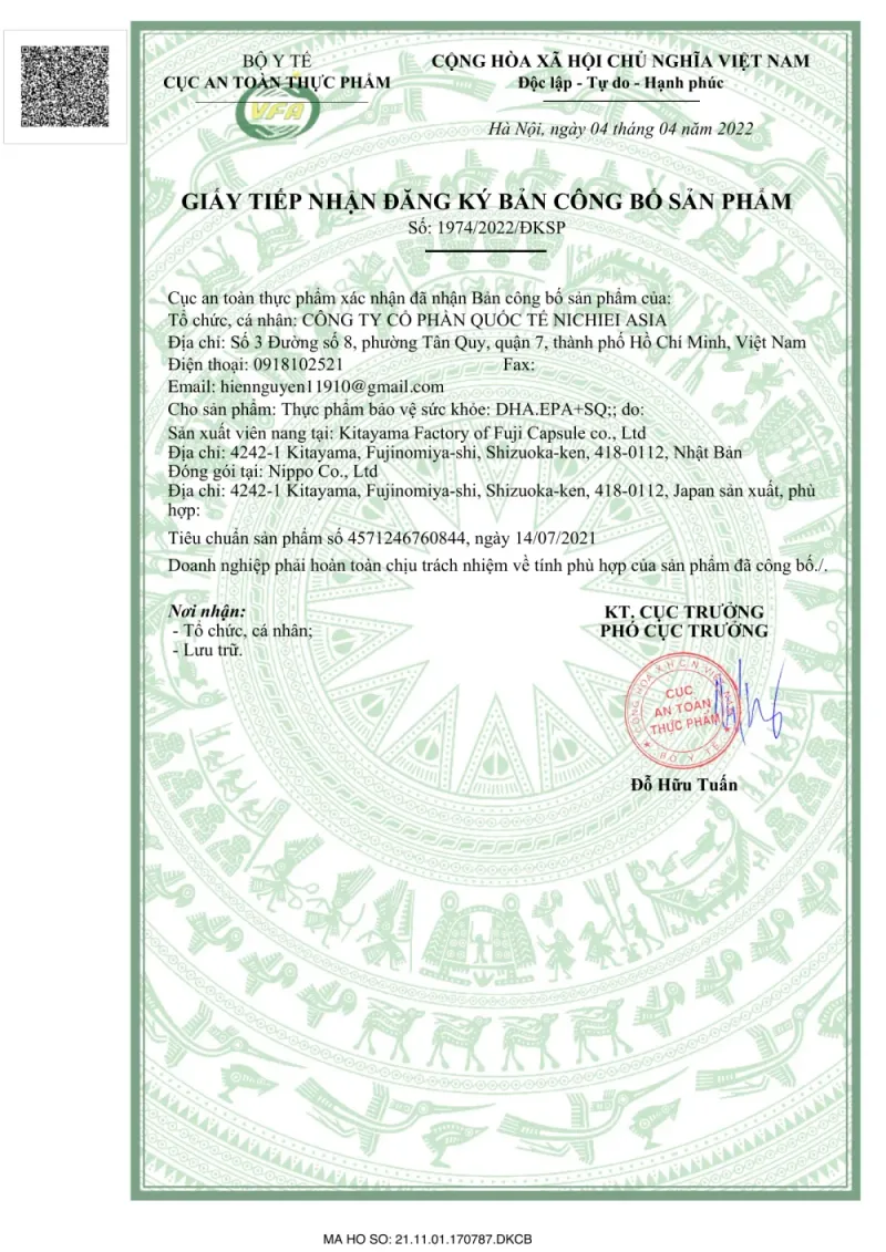 Giấy tiếp nhận đăng ký bản công bố sản phẩm DHA.EPA+SQ