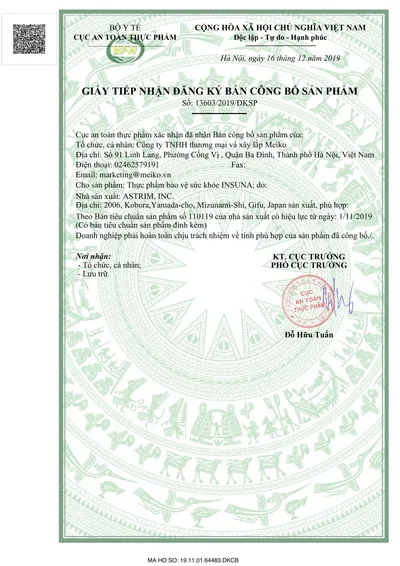 Giấy tiếp nhận đăng ký bản công bố sản phẩm INSUNA (FUJINA) - viên uống chiết xuất chóp mao lưới Nhật Bản