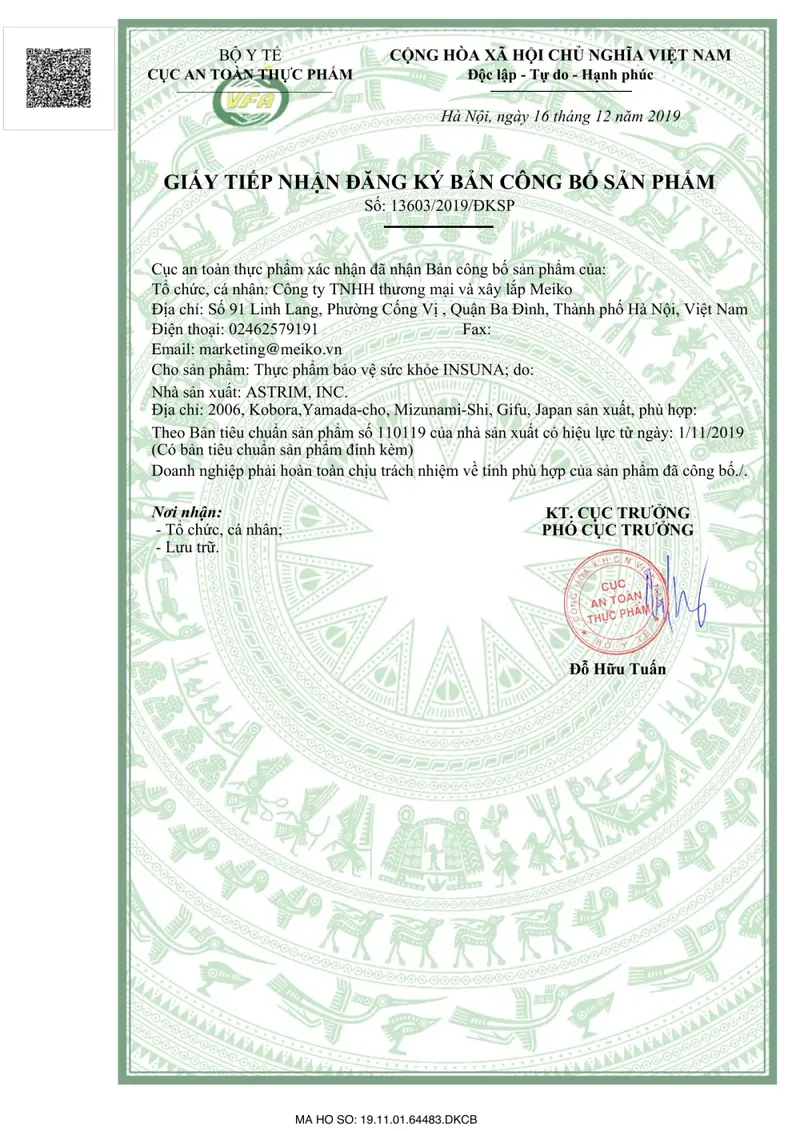 Giấy tiếp nhận đăng ký bản công bố sản phẩm INSUNA (FUJINA) - viên uống chiết xuất chóp mao lưới Nhật Bản