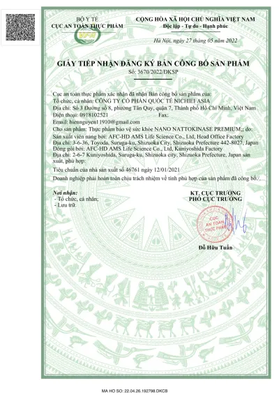 Giấy tiếp nhận đăng ký bản công bố sản phẩm NANO NATTOKINASE PREMIUM