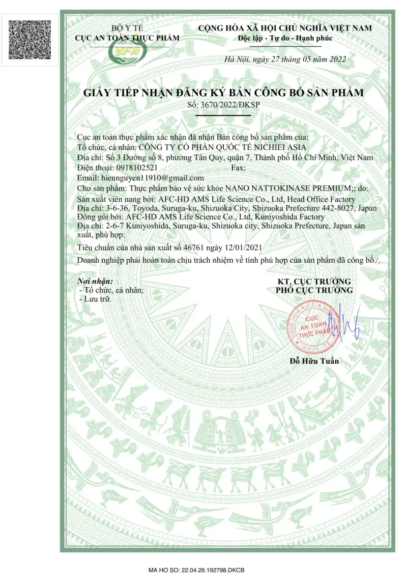 Giấy tiếp nhận đăng ký bản công bố sản phẩm NANO NATTOKINASE PREMIUM