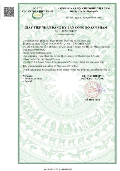 Giấy tiếp nhận đăng ký bản công bố sản phẩm Nano Liver Hydrolyzate EX