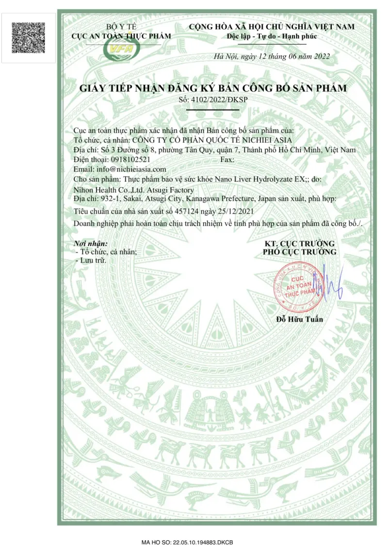 Giấy tiếp nhận đăng ký bản công bố sản phẩm Nano Liver Hydrolyzate EX