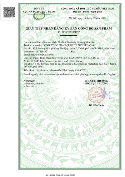 Giấy tiếp nhận đăng ký bản công bố sản phẩm NANO OYSTER GOLD thực chất