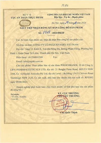 Giấy tiếp nhận đăng ký bản công bố sản phẩm Raydel POLICOSANOL 10 - viên uống Policosanol từ sáp mía Úc