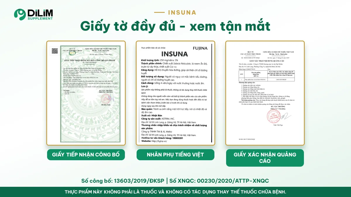 Giấy tờ của INSUNA (FUJINA) - viên uống chiết xuất chóp mao lưới Nhật Bản: giấy tiếp nhận công bố, nhãn phụ tiếng Việt, tiêu 
