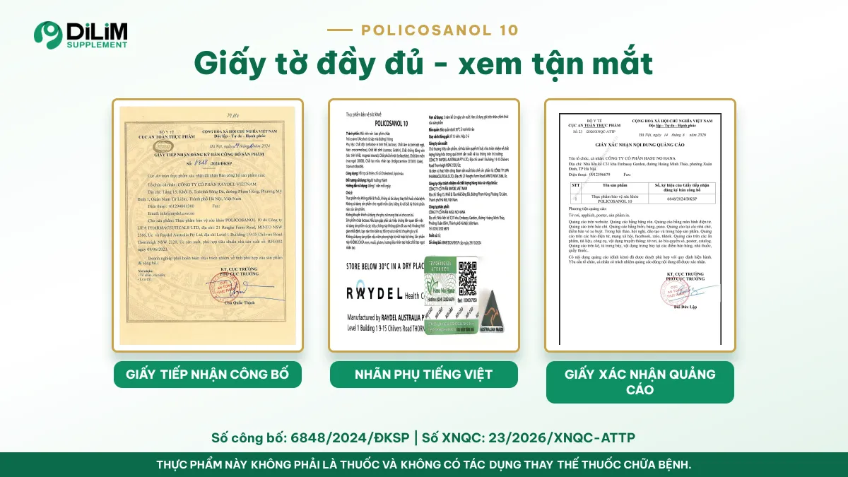 Giấy tờ của Raydel POLICOSANOL 10 - viên uống Policosanol từ sáp mía Úc: giấy tiếp nhận công bố, nhãn phụ tiếng Việt, tiêu ch