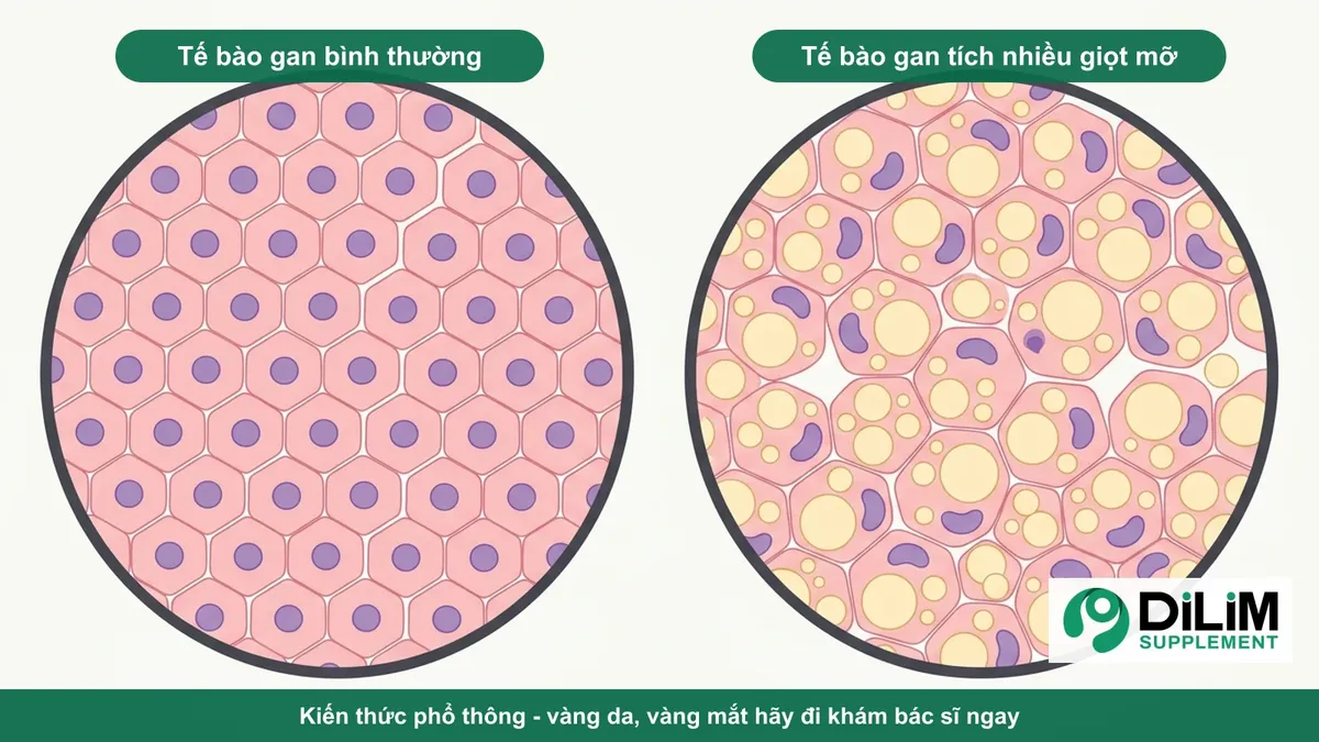 Minh họa kiến thức phổ thông: tế bào gan bình thường và tế bào gan tích nhiều giọt mỡ