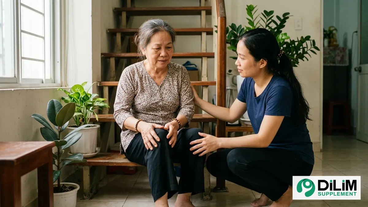 Người lớn tuổi ngồi nghỉ ở chân cầu thang, xoa đầu gối, con gái ngồi cạnh hỏi han