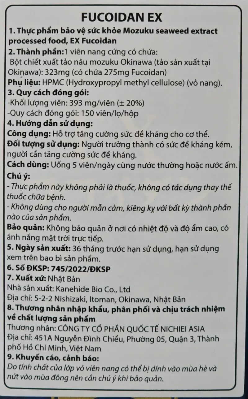 Nhãn phụ tiếng Việt trên hộp EX Fucoidan
