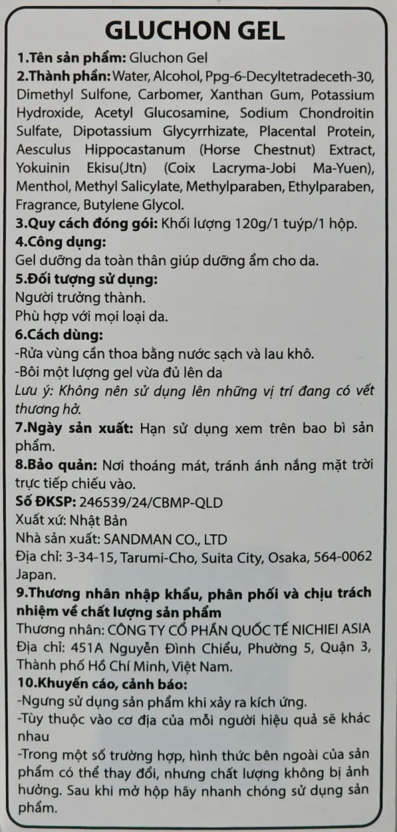 Nhãn phụ tiếng Việt trên hộp GLUCHON GEL 120g - gel dưỡng da toàn thân Nhật Bản