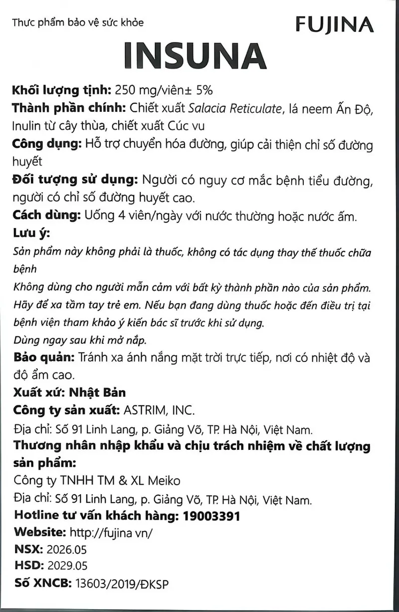 Nhãn phụ tiếng Việt trên hộp INSUNA (FUJINA) - viên uống chiết xuất chóp mao lưới Nhật Bản