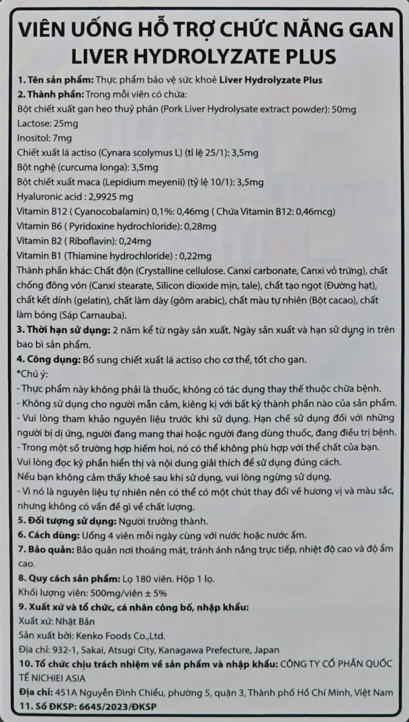 Nhãn phụ tiếng Việt trên hộp Liver Hydrolyzate Plus