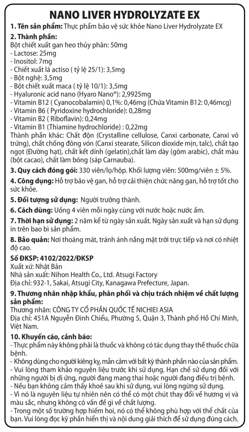 Nhãn phụ tiếng Việt trên hộp Nano Liver Hydrolyzate EX