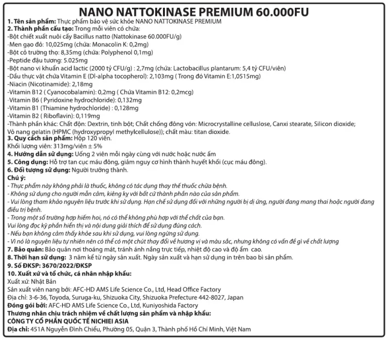 Nhãn phụ tiếng Việt trên hộp NANO NATTOKINASE PREMIUM