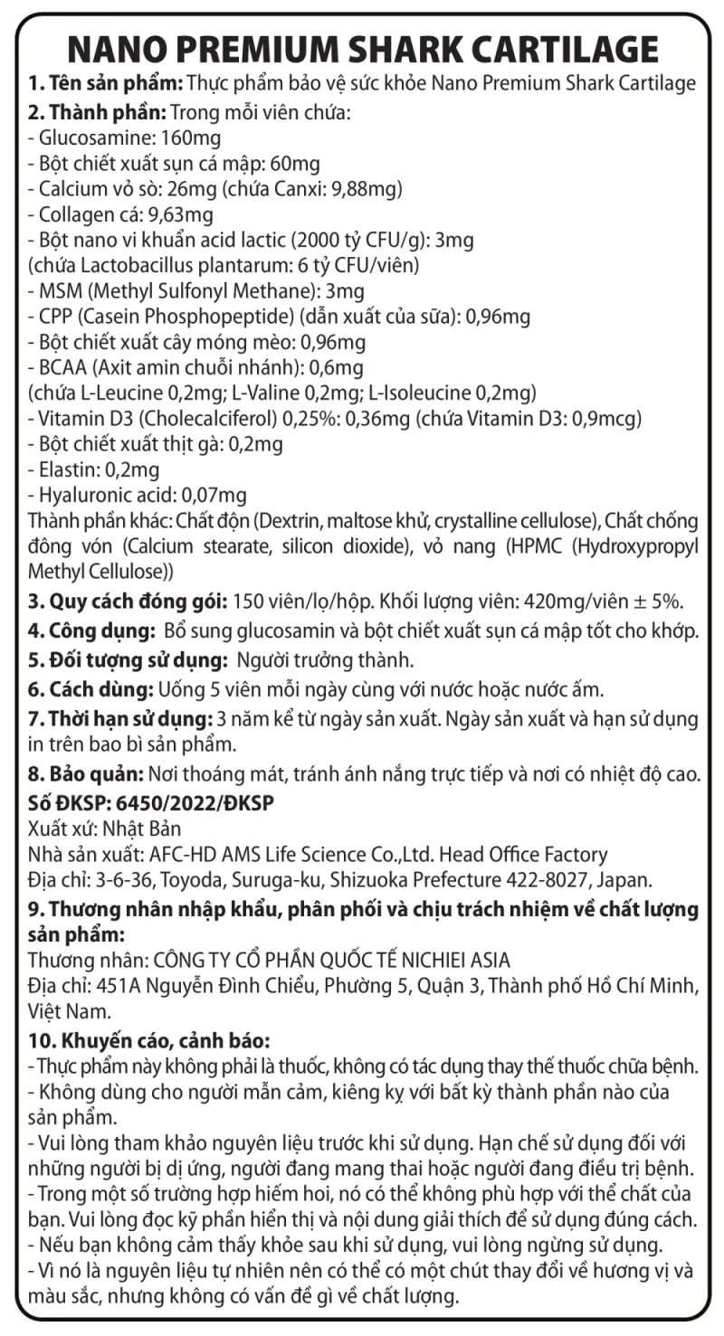 Nhãn phụ tiếng Việt trên hộp NANO Premium SHARK CARTILAGE