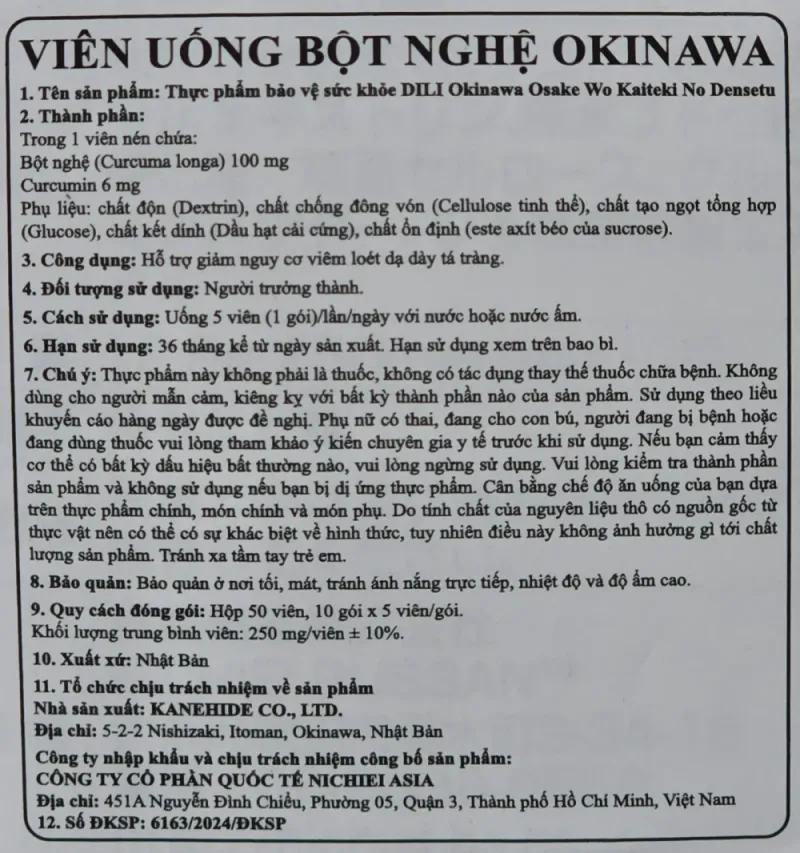 Nhãn phụ tiếng Việt trên hộp Nghệ mùa Thu Okinawa DILI Densetu (DILI Okinawa Osake Wo Kaiteki No Densetu)