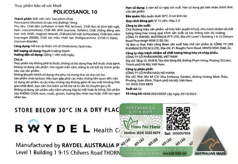 Nhãn phụ tiếng Việt trên hộp Raydel POLICOSANOL 10 - viên uống Policosanol từ sáp mía Úc
