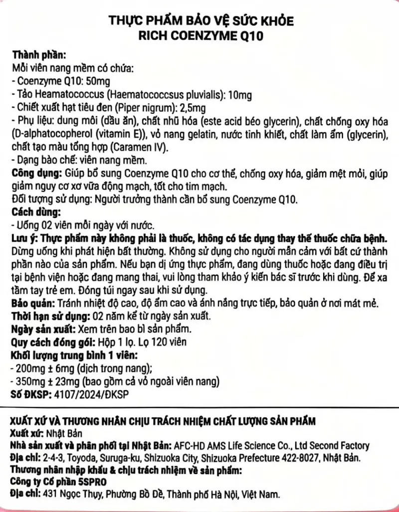Nhãn phụ tiếng Việt trên hộp RICH COENZYME Q10