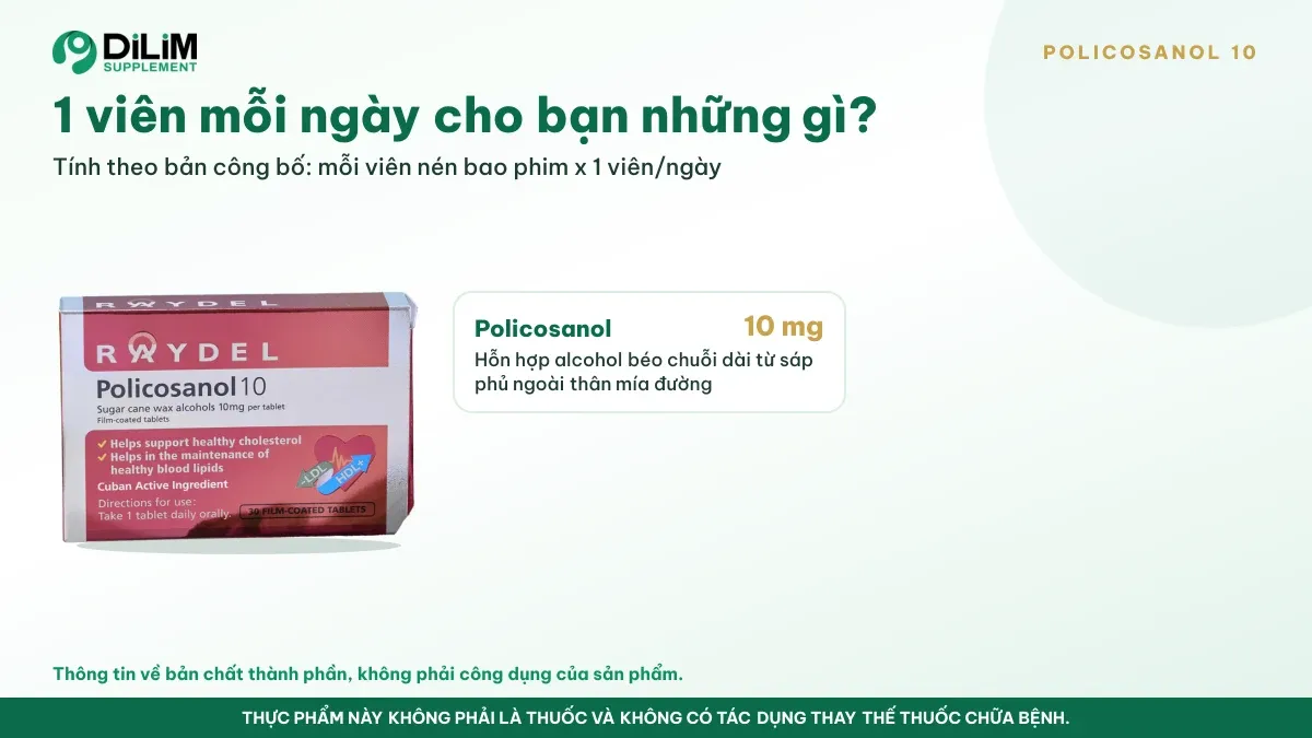 Thành phần trong liều dùng mỗi ngày của Raydel POLICOSANOL 10 - viên uống Policosanol từ sáp mía Úc theo bản công bố