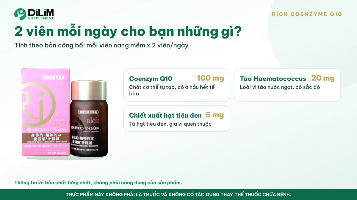 Thành phần trong liều dùng mỗi ngày của RICH COENZYME Q10 theo bản công bố